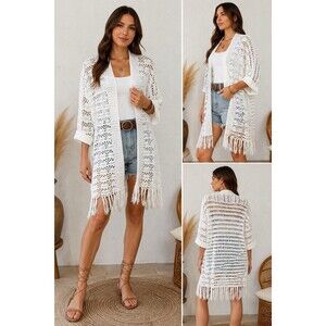 Chicos White Crochet Short Sleeve Duster Size XL Fringe Open Knit Cardigan Boho